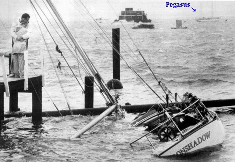 The Pegasus survives Hurricane Bob in 1989.