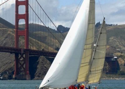 The Pegasus sailing near the Golden Gate Bridge in San Francisco Bay.